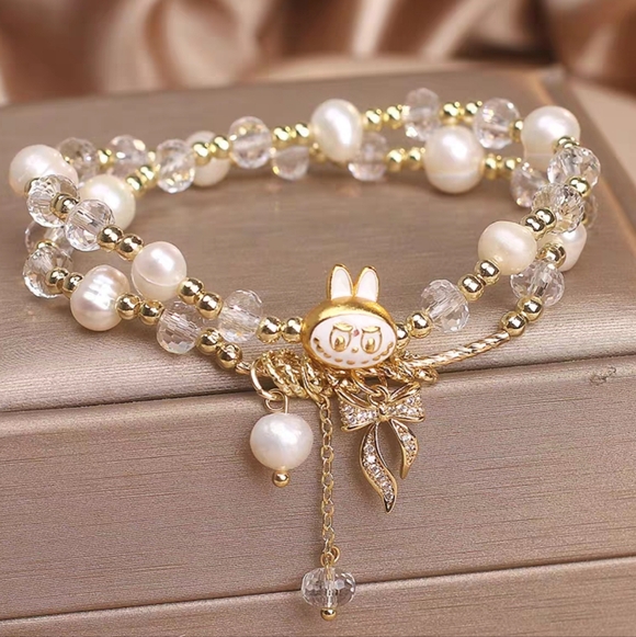 Jewelry - Labubu Inspired Double-Strand Pearl & Crystal Bracelet Gold & White